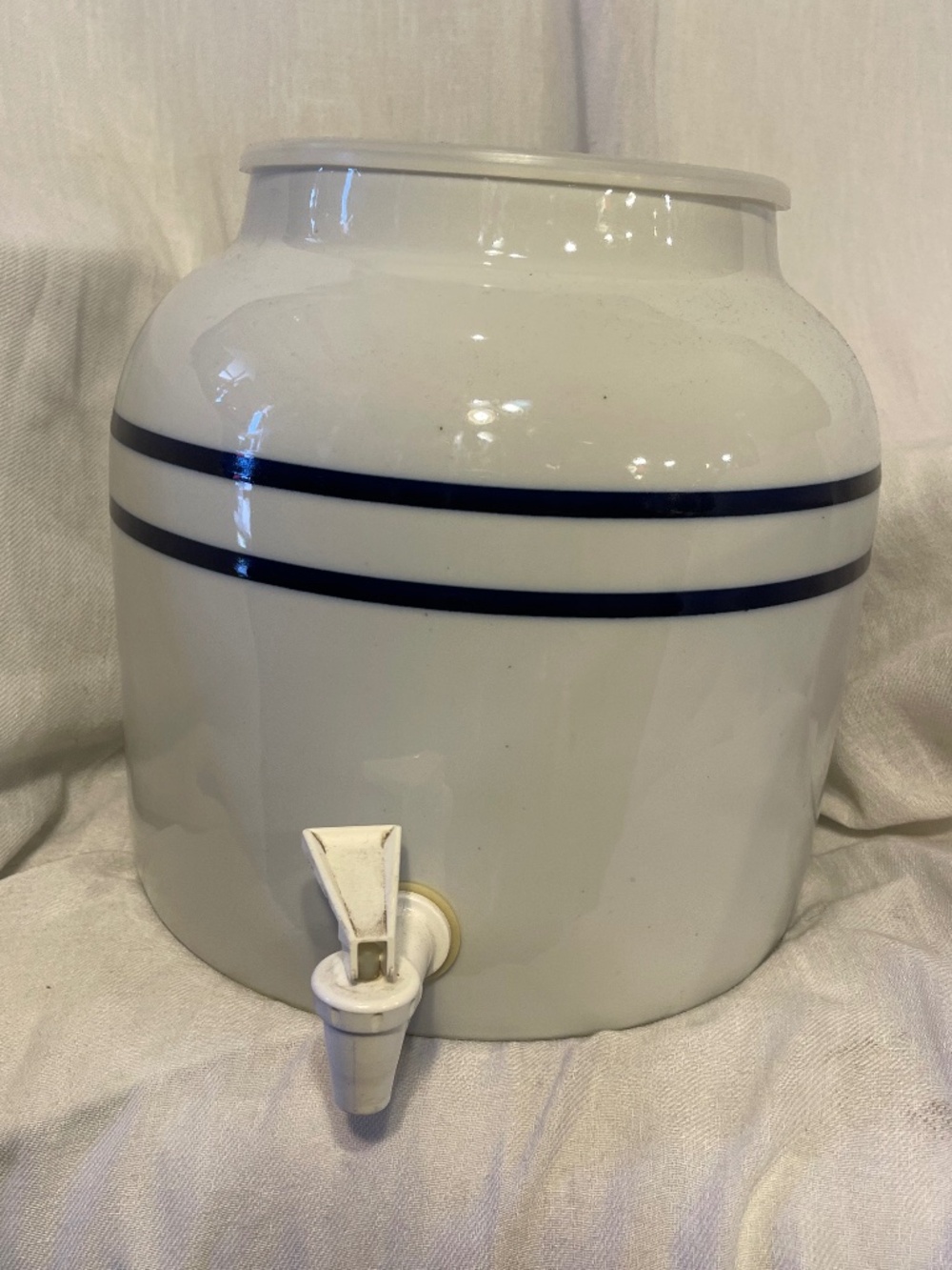 White Ceramic Beverage Dispenser with Navy Stripe